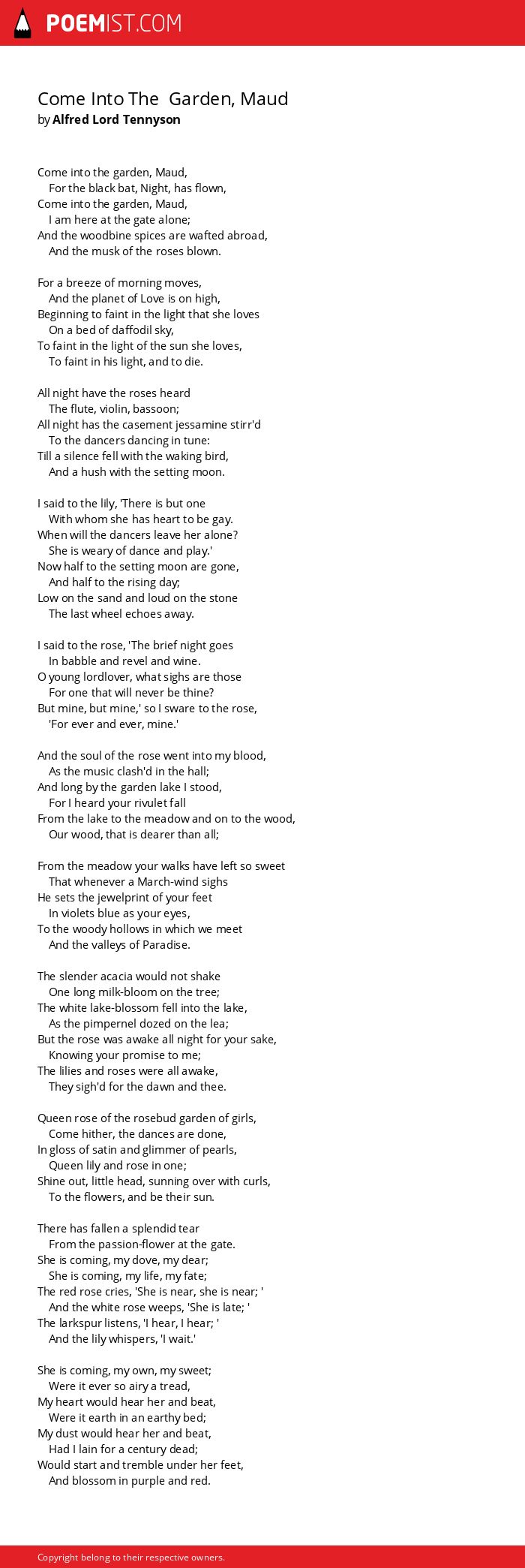 Come Into The Garden Maud By Alfred Lord Tennyson Poemist