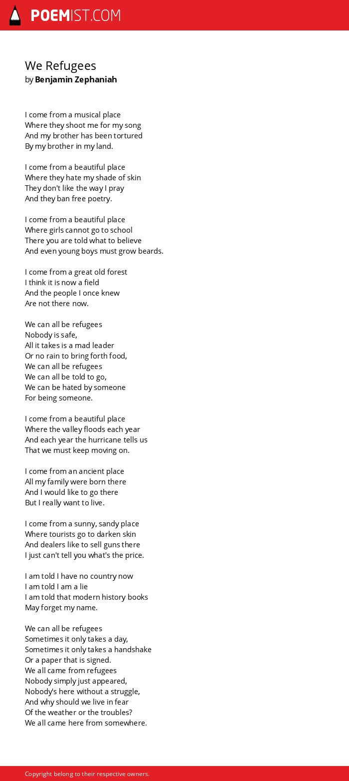 We Refugees By Benjamin Zephaniah Poemist