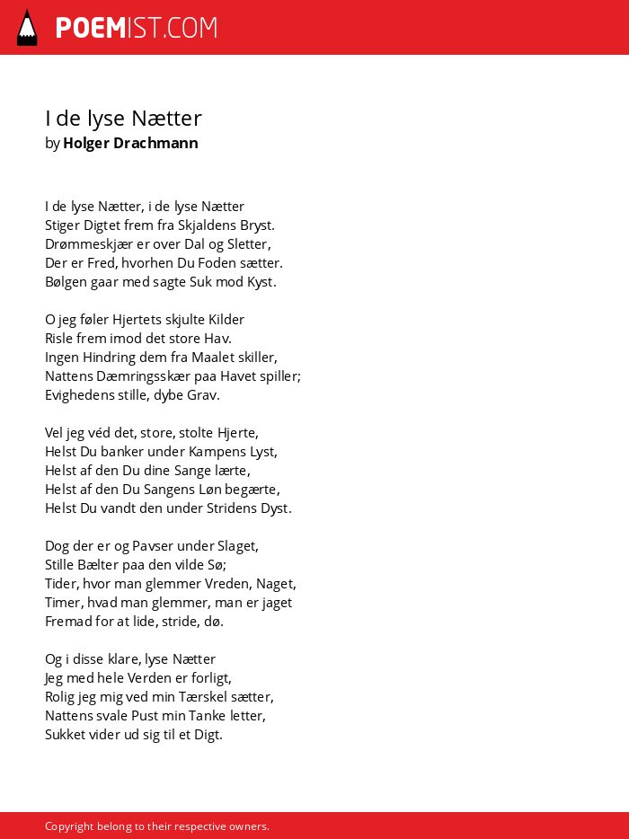 Forkludret Tilskud implicitte I de lyse Nætter by Holger Drachmann | Poemist