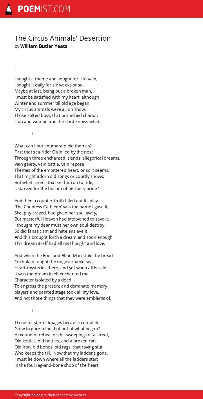 The Circus Animals' Desertion by William Butler Yeats | Poemist The Circus Animals' Desertion by William Butler Yeats | Poemist
